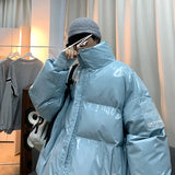 Winter Jacket Men Parkas Thicken Warm Coat Stand Collar Oversize Parkas Bright Leather Fabric Jacket Korean Style Padded Coat