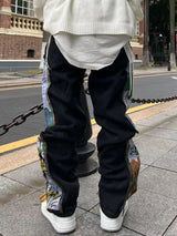 harajuku fashion embroidered patches straight denim pants hip hop washed torn jeans black blue patchwork y2k jeans baggy men unique jeans style 1555