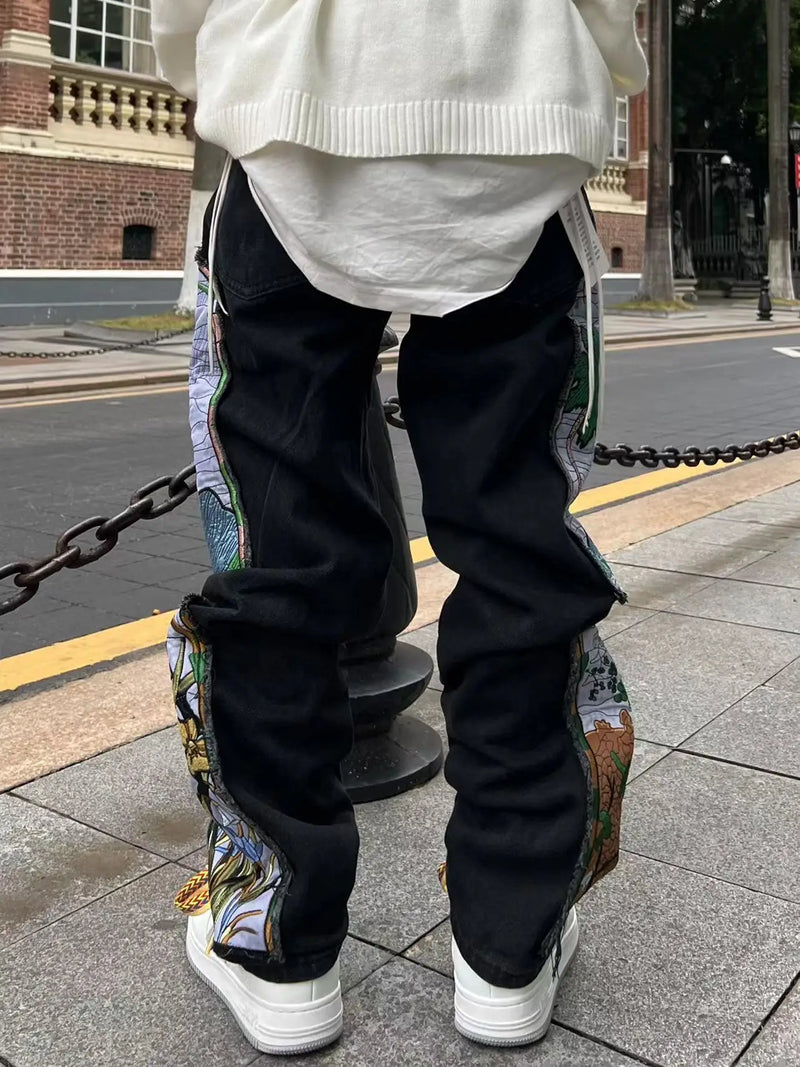 harajuku fashion embroidered patches straight denim pants hip hop washed torn jeans black blue patchwork y2k jeans baggy men unique jeans style 1555