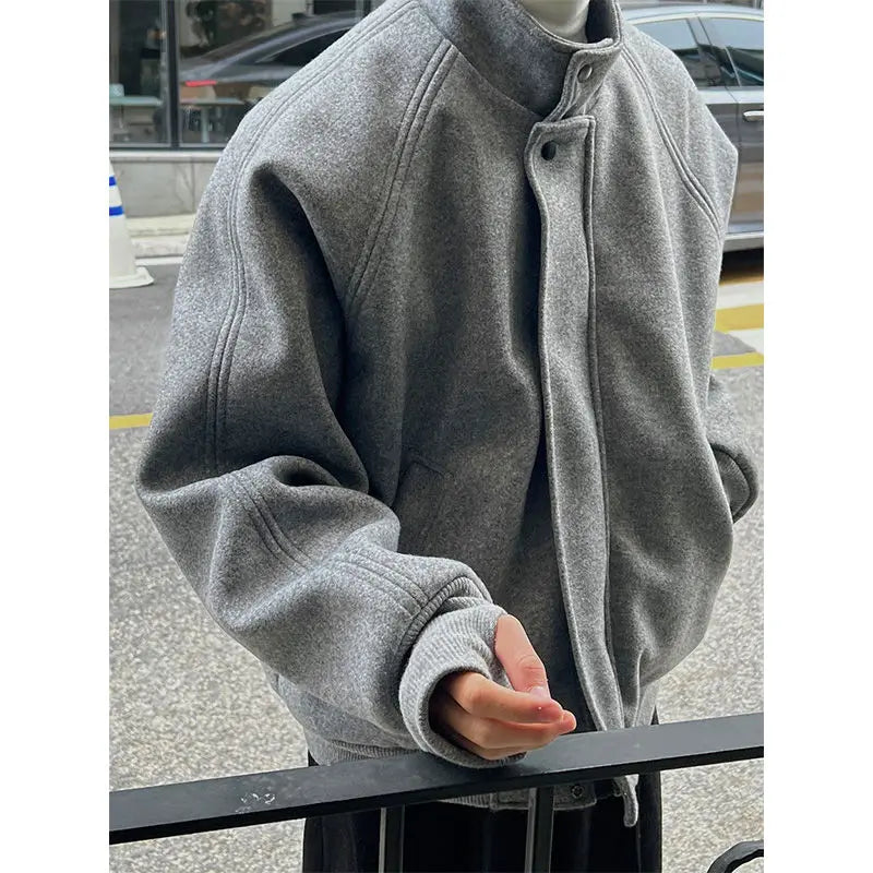 Autumn and Winter Korean Grey Stand Up Collar Jacket for Men's Trendy Ins Loose and Versatile Design Y2K Zipper Short Coat