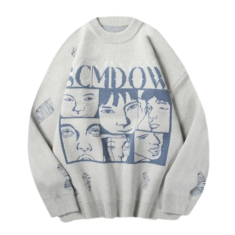 hip hop knitted anime oversized sweater mens ripped sleeve pullover streetwear unisex new casual loose sweaters jumpers knitwear - gothic aesthetic hoodie for winter, graphic printed hoodie for men and women, Y2K grunge street style