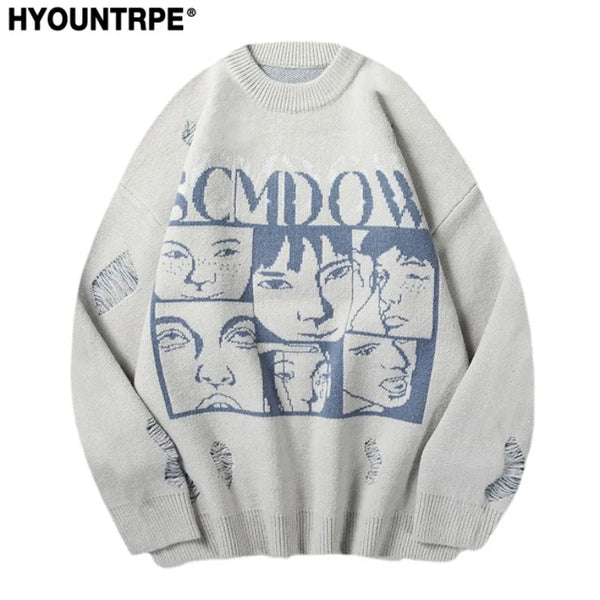 hip hop knitted anime oversized sweater mens ripped sleeve pullover streetwear unisex new casual loose sweaters jumpers knitwear - gothic aesthetic hoodie for winter, graphic printed hoodie for men and women, Y2K grunge street style