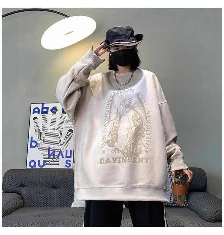 Autumn Korean Personality Street Boys Unisex Round Neck Sweatshirt Trendy American Couple Suede Long-sleeved Shirt Top