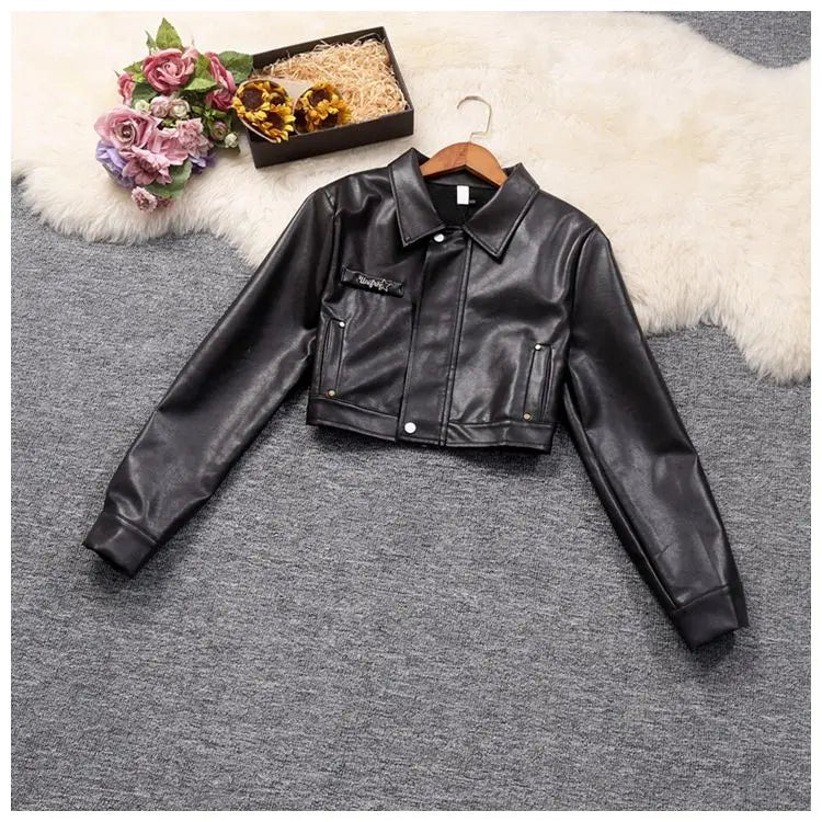 Retro hot girl camisole irregular big swing skirt short leather jacket coffee color set two piece sets womens outifits dress