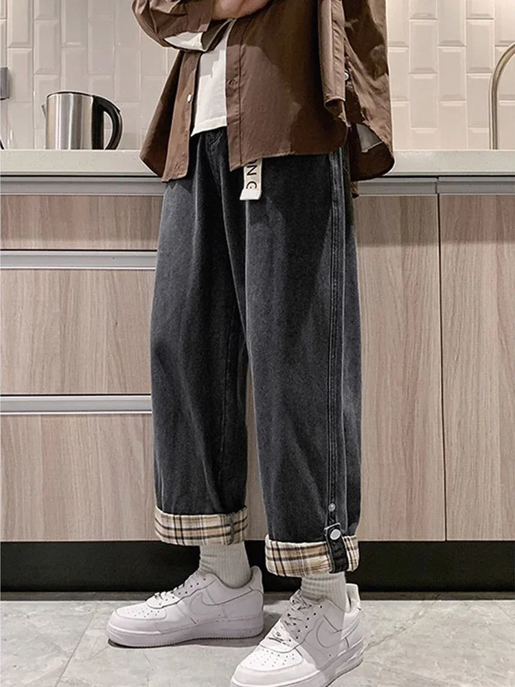 2024 new plaid trouser legs jeans for men casual baggy straight denim pants korean fashion y2k streetwear pantalones hombre jean unique jeans style 3572