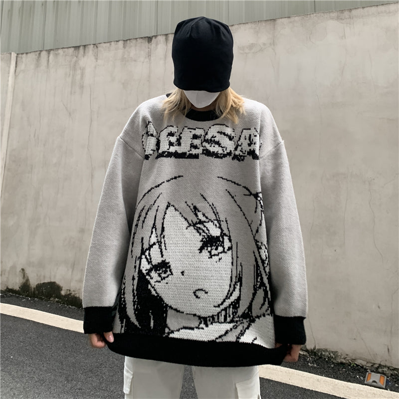 hip hop knitted pullover, bold design pullover, cozy fashion fit, stylish street outfit, modern aesthetic appeal