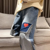 men jeans patchwork multi pocket couple denim pants beggar style cargo pants high street casual male streetwear unique cargo style 2409