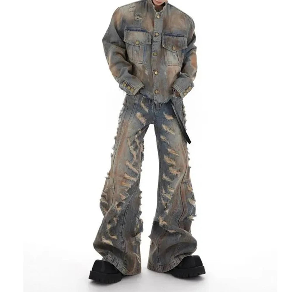 mens denim jacket jeans wilderness construction site style distressed washed holes street wear fashion versatile mens wear 2024 unique jeans style 201