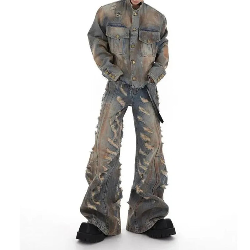 mens denim jacket jeans wilderness construction site style distressed washed holes street wear fashion versatile mens wear 2024 unique jeans style 201