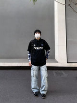 street japanese mens set embroidered fake two piece patchwork tops hip hop washed jeans 2 piece harajuku suits y2k streetwear unique jeans style 4754