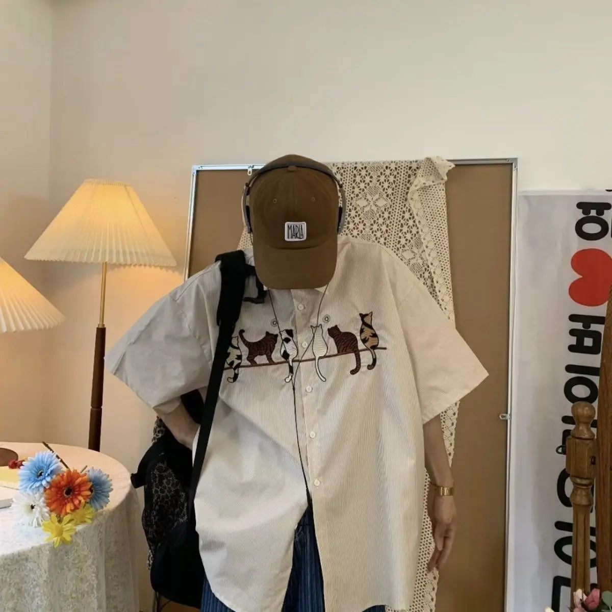 Japanese pinstripe cat pattern shirts for men and women summer trendy brand retro Hong Kong style loose