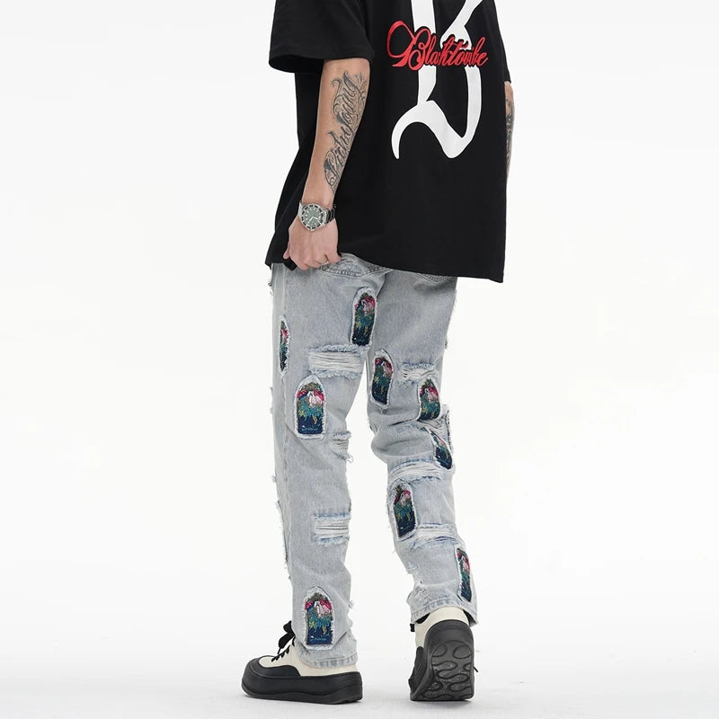 retro patch embroidered pleated jean for men street wear washed destroyed straight patchwork ripped jeans pants baggy hip hop unique jeans style 1061