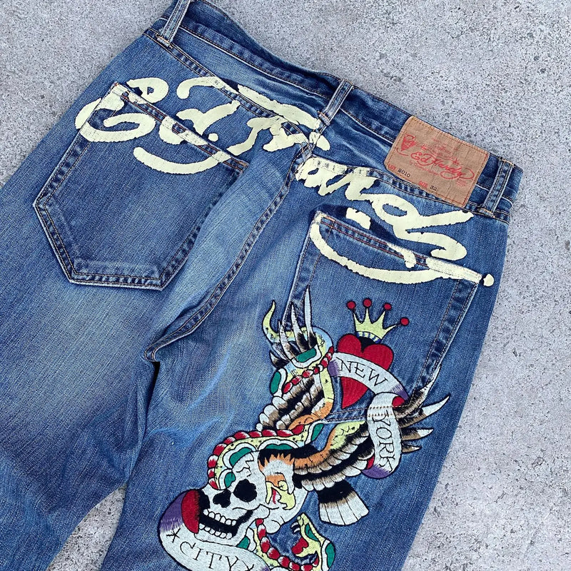 gothic hip hop skull embroidery jeans for men casual y2k high waist wide leg baggy jeans retro straight denim pants streetwear vintage washed jeans
