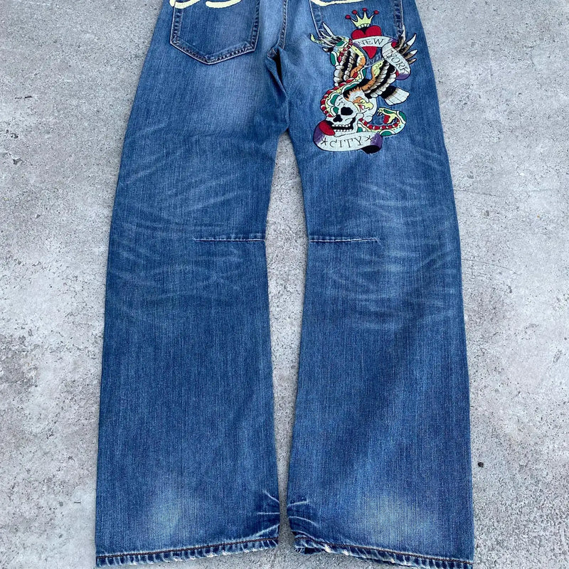 gothic hip hop skull embroidery jeans for men casual y2k high waist wide leg baggy jeans retro straight denim pants streetwear urban skinny jeans