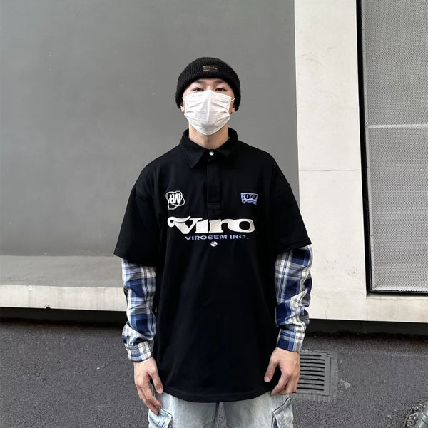 street japanese mens set embroidered fake two piece patchwork tops hip hop washed jeans 2 piece harajuku suits y2k streetwear stacked flare jeans