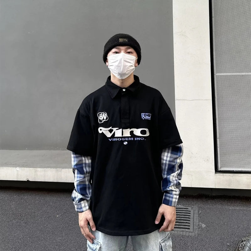 street japanese mens set embroidered fake two piece patchwork tops hip hop washed jeans 2 piece harajuku suits y2k streetwear stacked flare jeans