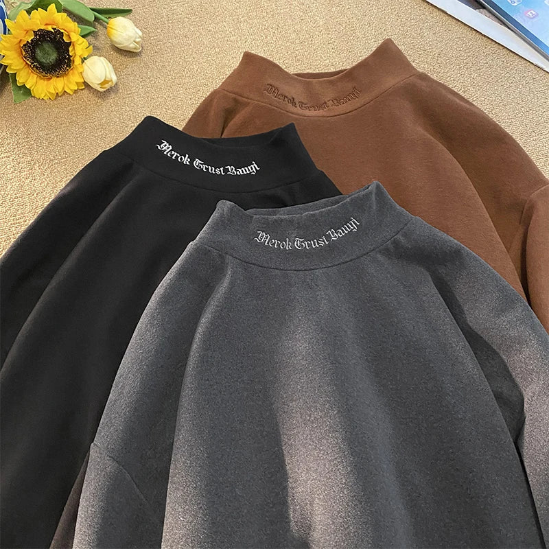 Autumn Winter Warm Classic Long Sleeve Bottoming Shirt Gothic Style Embroidery Design Man Half-high Neck Tops Loose Male Tshirt