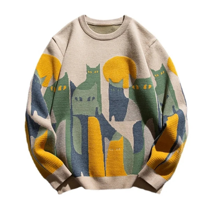 fashion knitted sweater mens autumn winter o neck cats pattern pullover streetwear unisex casual loose sweaters jumper knitwear - urban fashion pullover, anime inspired graphic hoodie, bold artwork streetwear hoodie