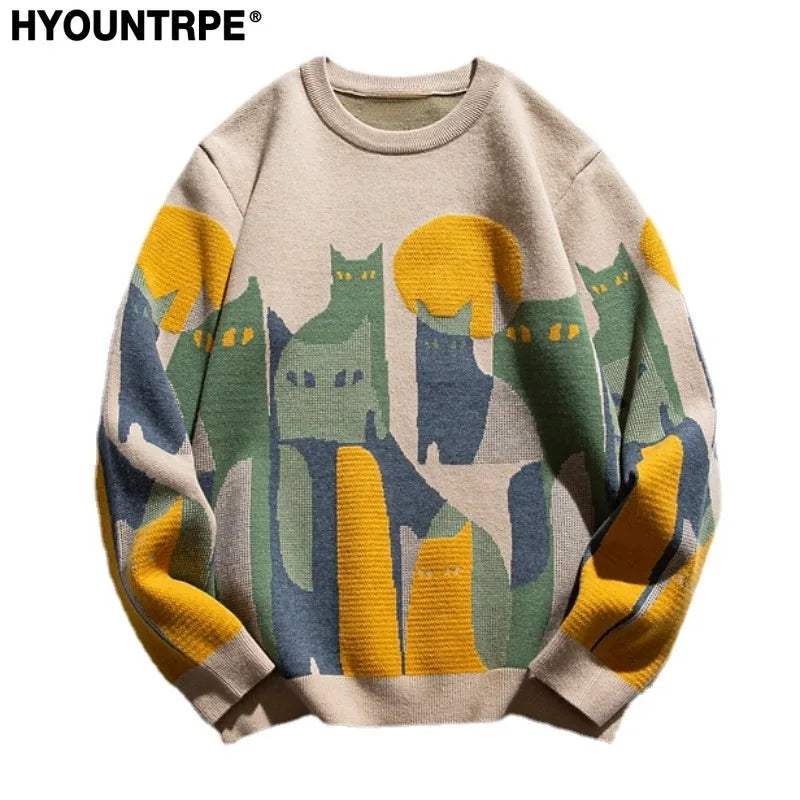 fashion knitted sweater mens autumn winter o neck cats pattern pullover streetwear unisex casual loose sweaters jumper knitwear - urban fashion pullover, anime inspired graphic hoodie, bold artwork streetwear hoodie