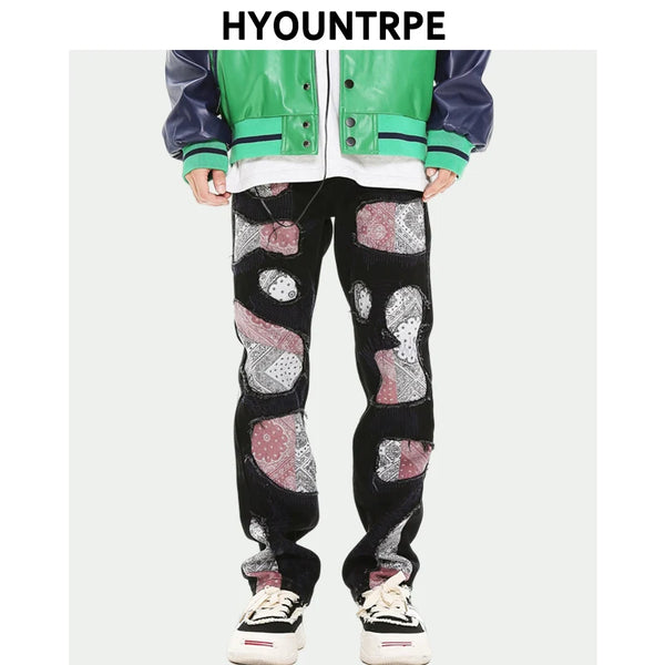 patchwork harajuku denim jeans mens zipper jeans hip hop fashion streetwear new casual straight joggers pants jeans for men sporty tapered joggers