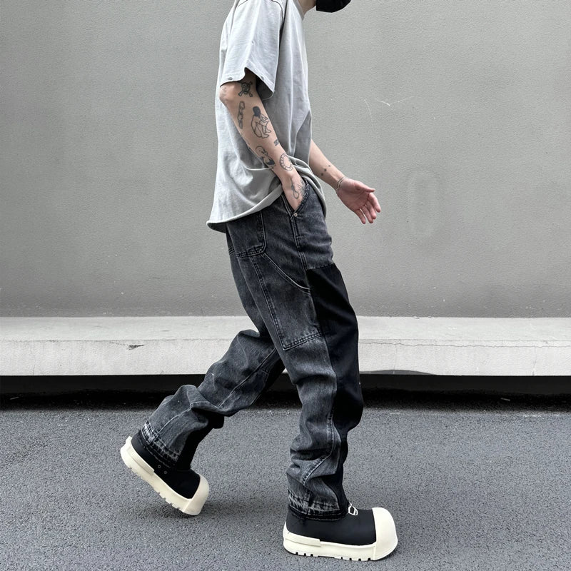 retro washed denim mens jeans pants fashion graffiti patchwork loose biker black jeans streetwear hip hop casual straight pants unique jeans style 5253
