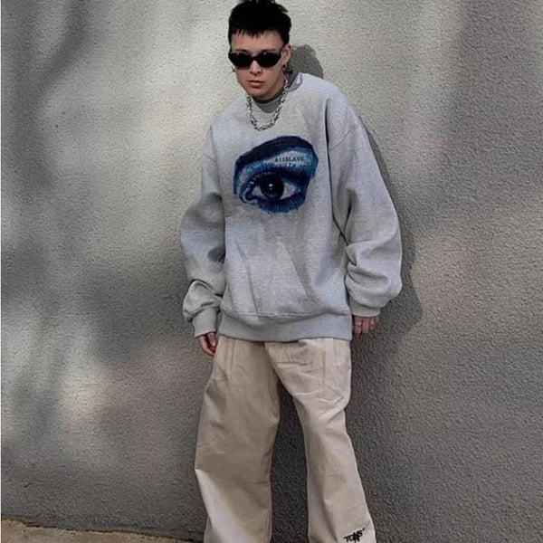 Trendy Korean Style Personalized Eye Print Round Neck Sweatshirt Men and Women Autumn and Winter Y2K High Street Hip-hop Tops
