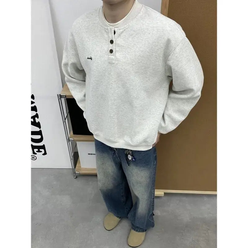 Trendy Korean Retro Ins Simple Boyish Henry Collar Sweatshirt Men and Women Street