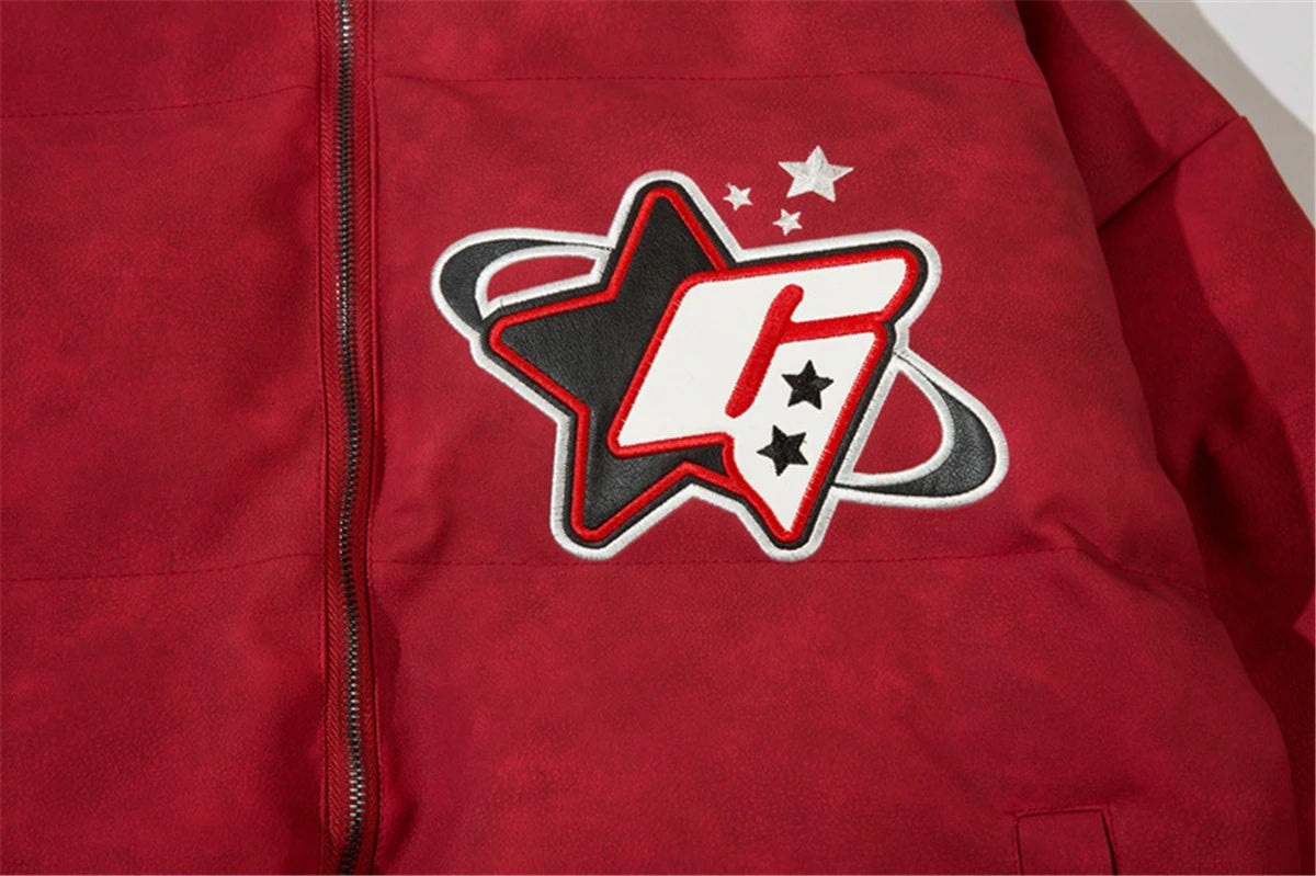Men PU Leather Warm Jacket Winter Vintage Waterproof Parkas Embroidery Letter Thick Padded Coat Streetwear Hip Hop Loose Parka