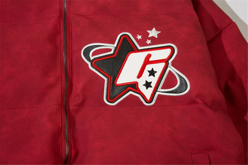 Men PU Leather Warm Jacket Winter Vintage Waterproof Parkas Embroidery Letter Thick Padded Coat Streetwear Hip Hop Loose Parka