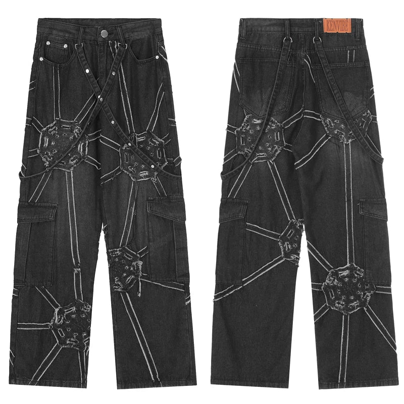 punk belt denim jeans pants women harajuku streetwear side pocket cotton men unisex casual baggy joggers straight pants trousers unique joggers style 4374