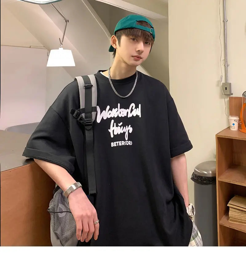Korean style new Hong Kong style trendy letter printed short-sleeved trend loose and versatile casual couple half-sleeved top