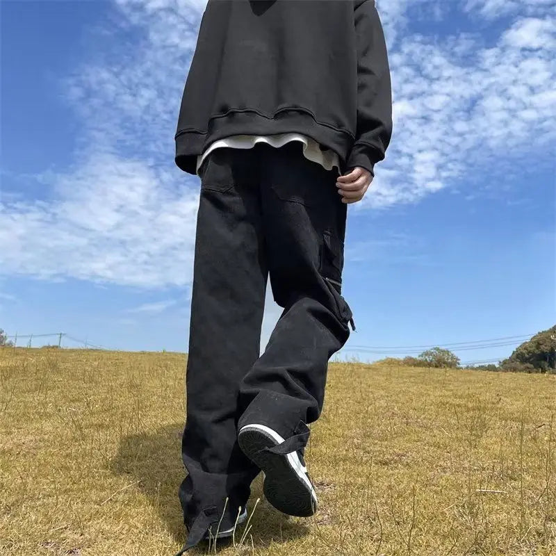 korean street ins overalls men women high street retro personality straight japanese style versatile loose y2k wide leg pants unique default style 3193
