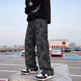 blue black plaid jeans men retro casual wide leg jeans mens streetwear loose hip hop straight denim trousers men vintage jeans vintage washed jeans