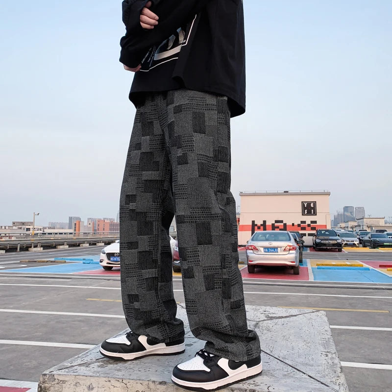 blue black plaid jeans men retro casual wide leg jeans mens streetwear loose hip hop straight denim trousers men vintage jeans vintage washed jeans