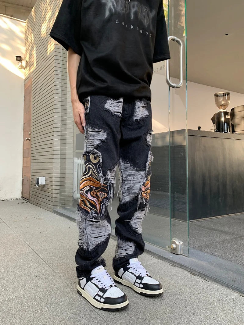 fashion embroidery destroyed ripped tassel holes denim jean pants mens casual loose straight jeans hip hop streetwear joggers urban active pants