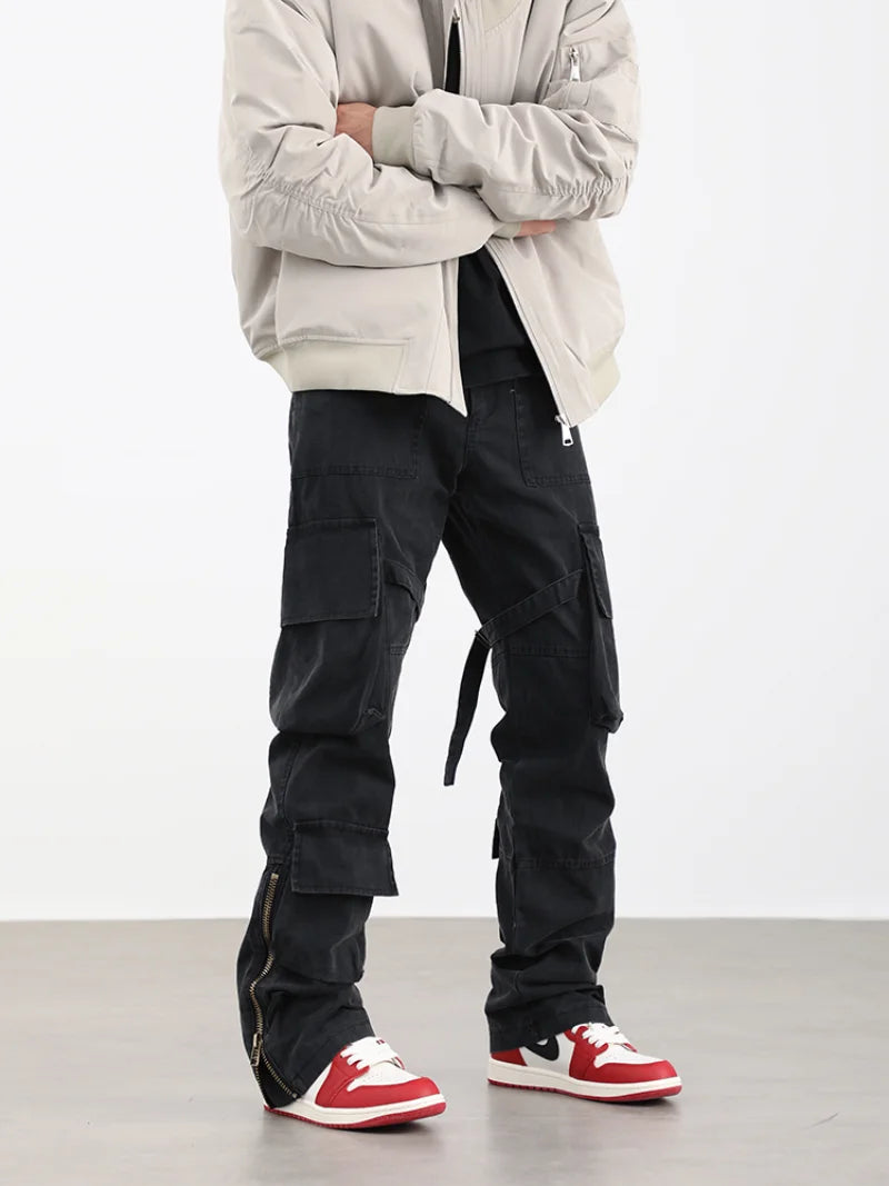 mens hip hip pants retro cargo pant streetwear side pockets bottom zipper harajuku joggers casual loose straight cotton trousers streetwear sweatpants