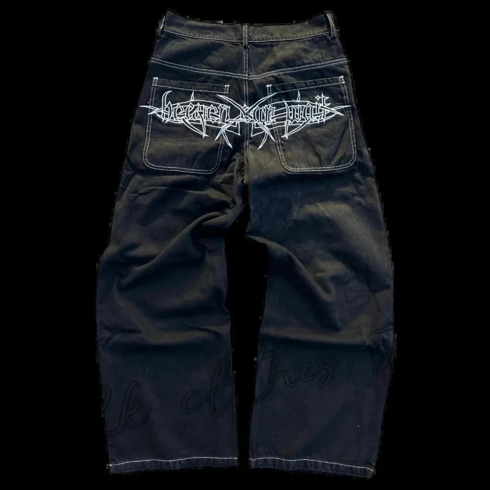 goth hip hop oversized skull embroidery pattern y2k baggy jeans new men and women straight black jeans retro casual denim pants unique jeans style 916