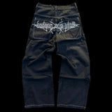 goth hip hop oversized skull embroidery pattern y2k baggy jeans new men and women straight black jeans retro casual denim pants unique jeans style 916