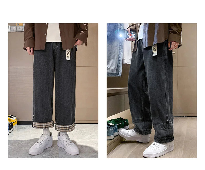 2024 new plaid trouser legs jeans for men casual baggy straight denim pants korean fashion y2k streetwear pantalones hombre jean unique jeans style 3570