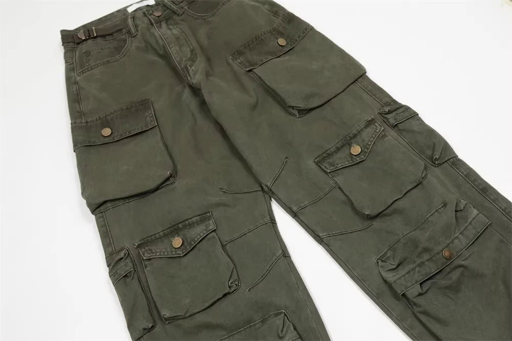 new multi pocket heavy industry washed cargo pants mens high rise loose y2k vintage streetwear oversized straight leg jeans unique cargo style 693