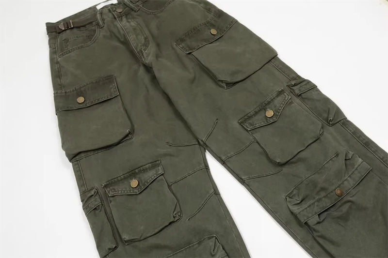 new multi pocket heavy industry washed cargo pants mens high rise loose y2k vintage streetwear oversized straight leg jeans unique cargo style 693