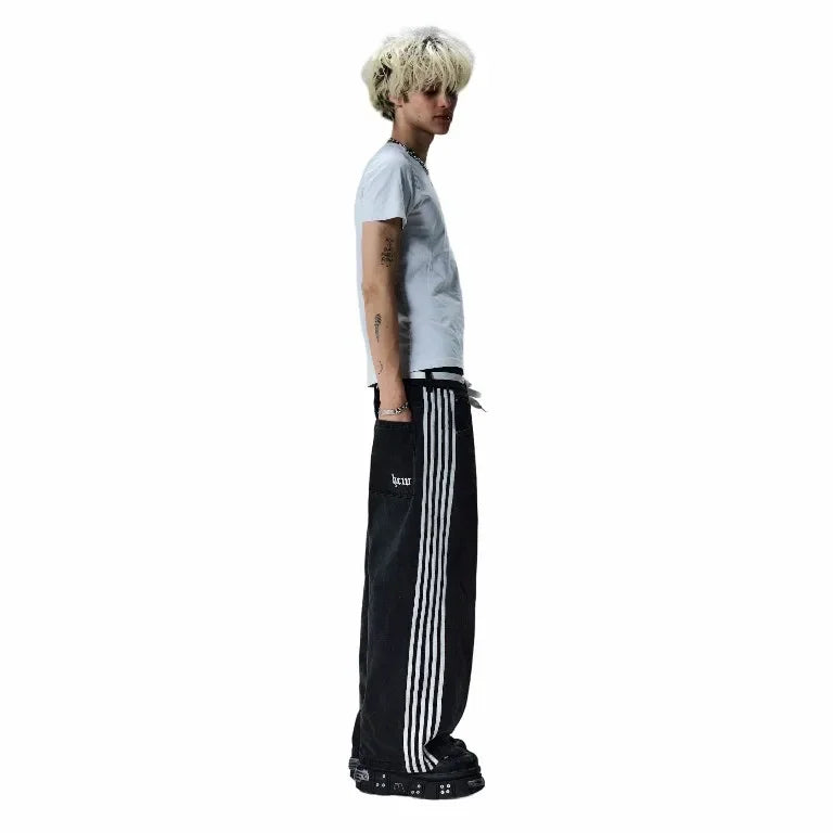 baggy jeans harajuku goth y2k jeans for men black striped new hip hop embroidered wide leg denim pants high street streetwear ripped baggy denim