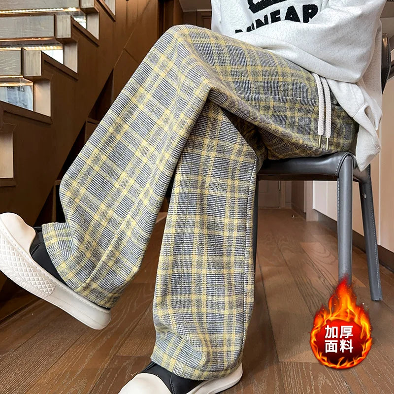 mens plaid pants baggy winter trendy fleece loose straight wide leg mopping trousers unisex thick velvet warm long pants minimalist street pants