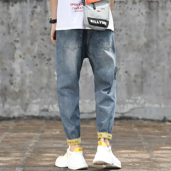 mens jeans with holes man cowboy pants cropped harem hip hop trousers 2024 korean style torn ripped broken retro classic pants ripped baggy denim