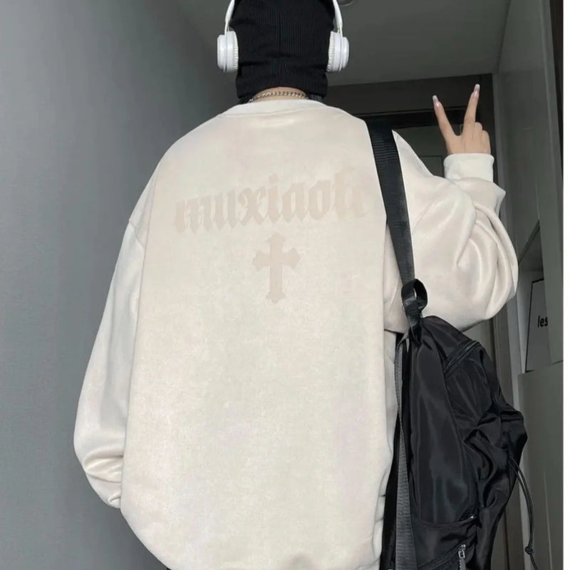 Winter Korean Trendy Suede Sweatshirt for Men in Autumn New Y2K American High Street Handsome Long-sleeved Couple Printed Top