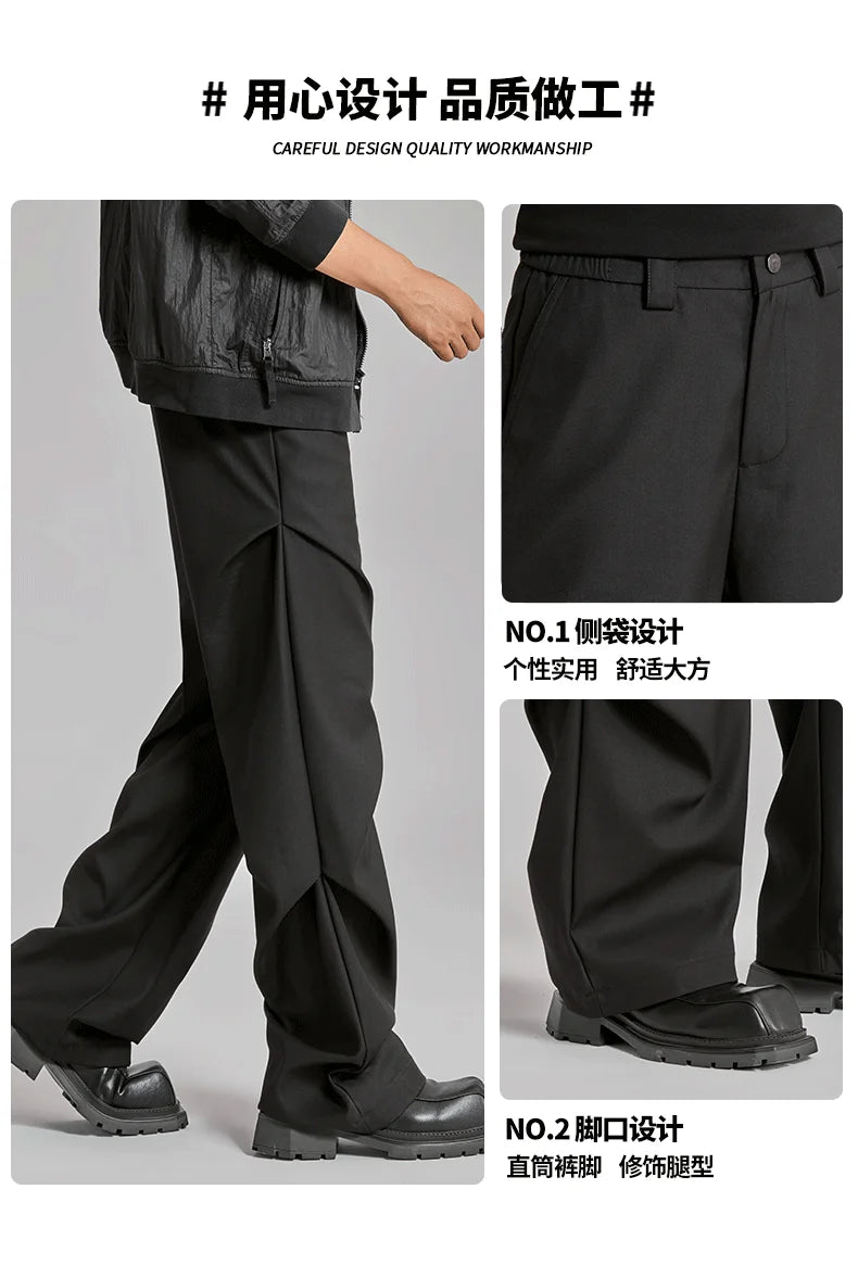 extended length edition wrinkle fashion men streetwear fashion hip hop vibe loose casual straight black suit pant trousers unique default style 1920