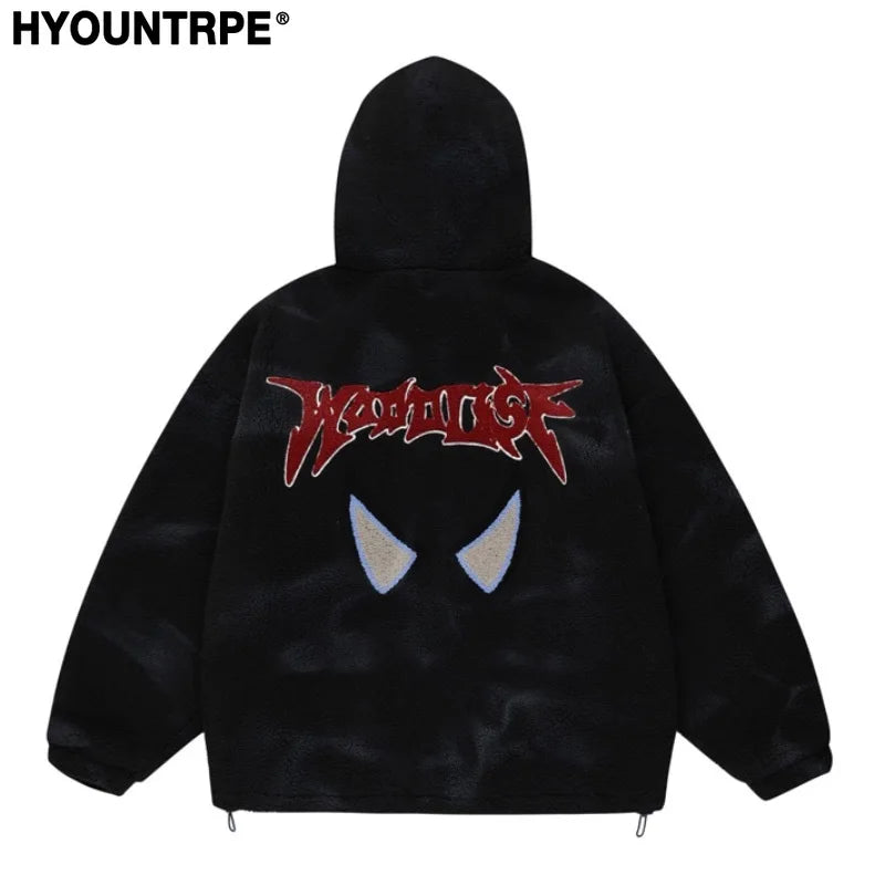 mens harajuku graffiti fleece jackets and coats letter embroidery hairy zipper outerwear warm streetwear parkas bomber jacket - variant style ac666b for streetwear fashion