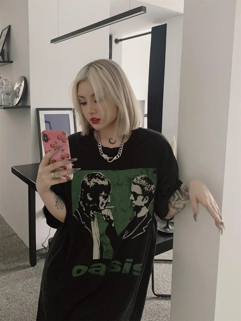 Harajuku oversized shirt featuring vintage rock band tee os washed old high street portrait print casual loose cotton couple tops t shirt for summer