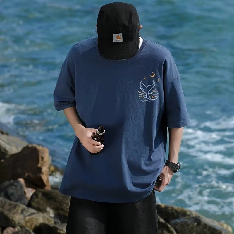 Skatercore Vintage anime – Kawaii Whale Tail Print T Shirt Men Hip Hop Fashion Cotton G