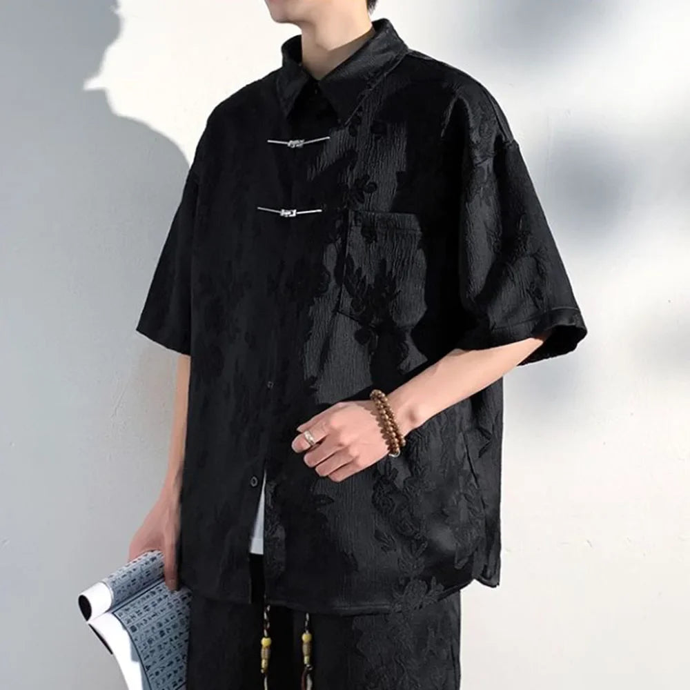 Mens Chinese Loop Buckle Jacquard Design Shirt Daily Casual Personality Versatile Loose Short-sleeve Tops Unisex 2024 Summer